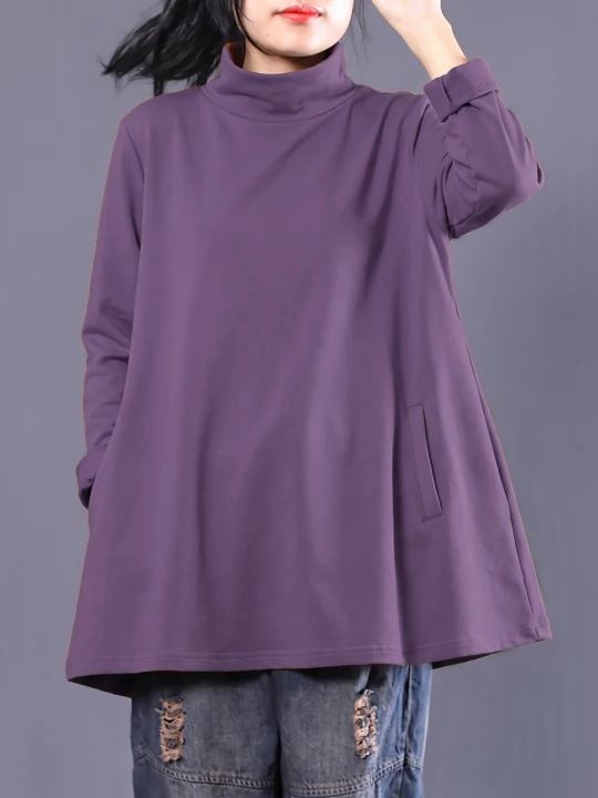 Plus Size Women Casual Pure Color Turtleneck Sweatshirt