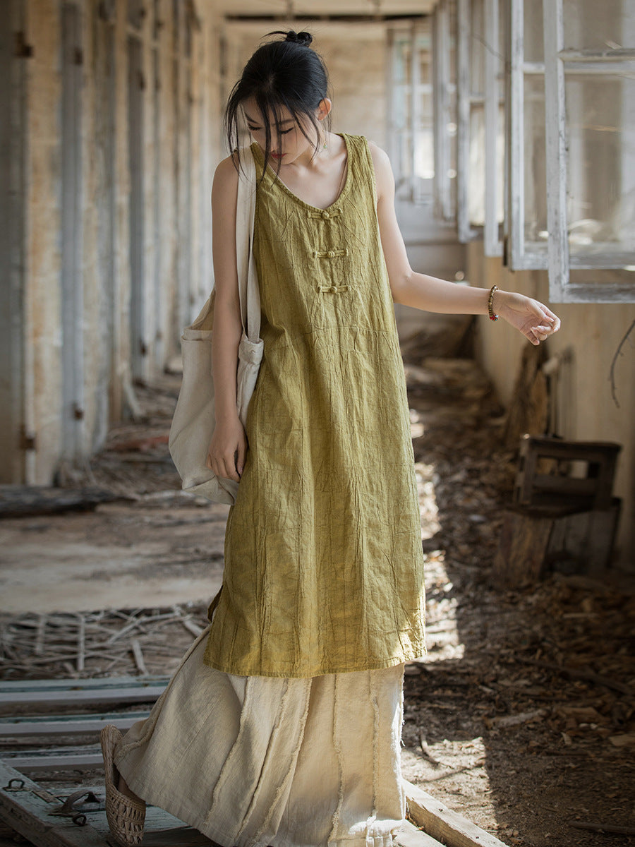 Women Summer Vintage Pure Color Linen Frog Button Vest Dress