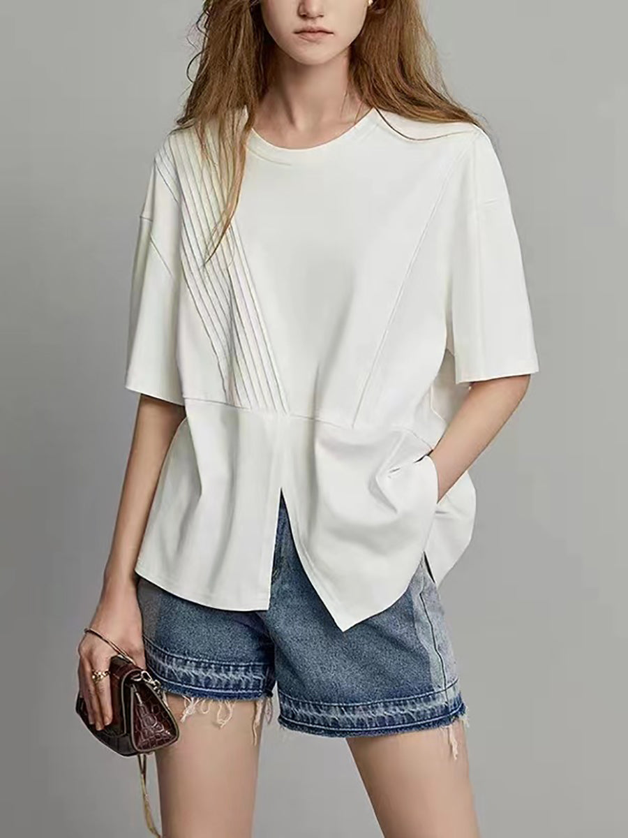 Plus Size Women Summer Casual Split Hem Pleat Spliced Solid T-Shirt