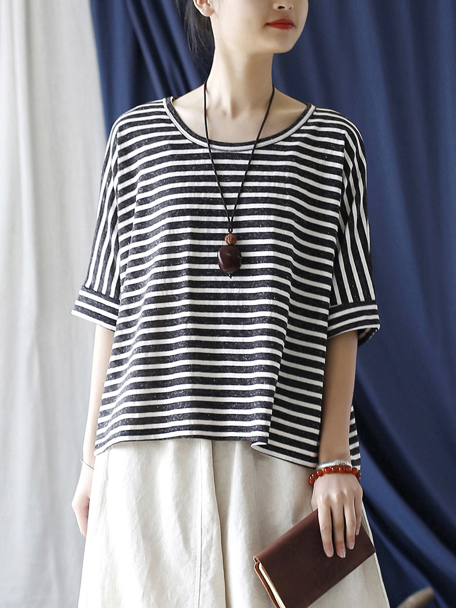 Women Summer Casual Stripe Loose O-Neck T-Shirt