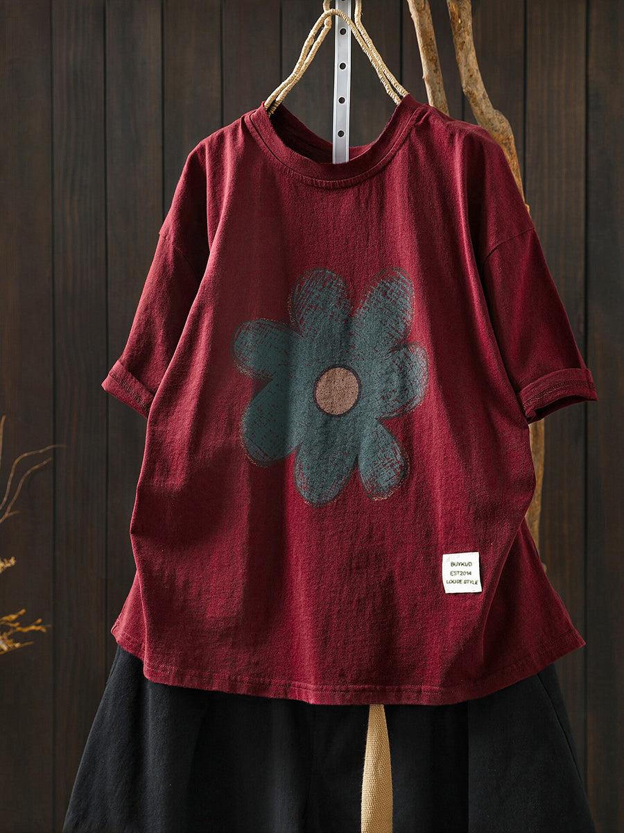 Plus Size Women Summer Artsy Flower Cotton T-Shirt