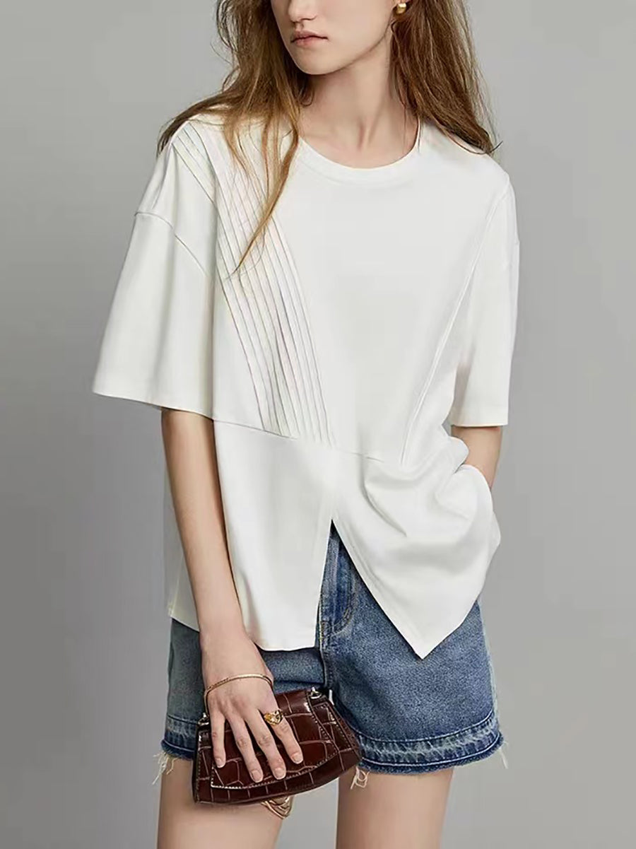 Plus Size Women Summer Casual Split Hem Pleat Spliced Solid T-Shirt