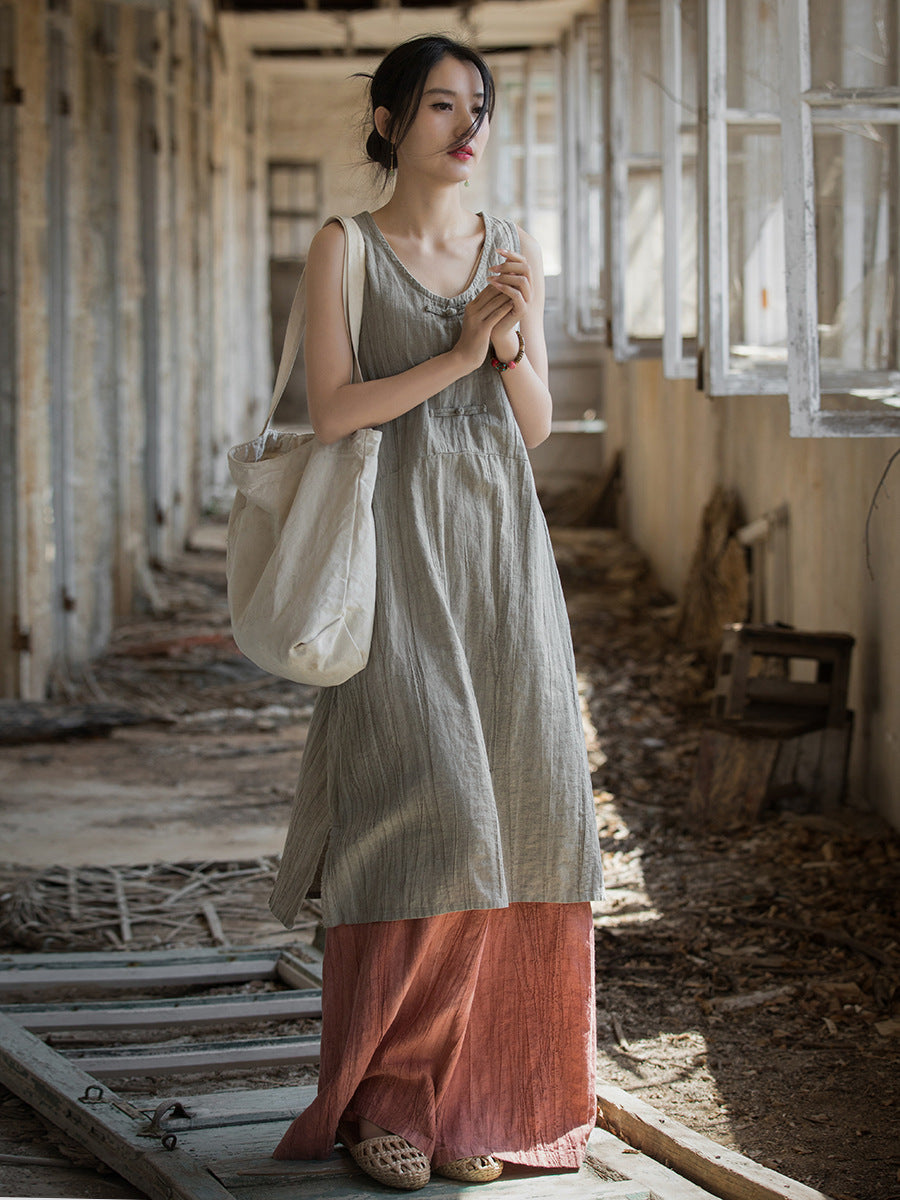 Women Summer Vintage Pure Color Linen Frog Button Vest Dress