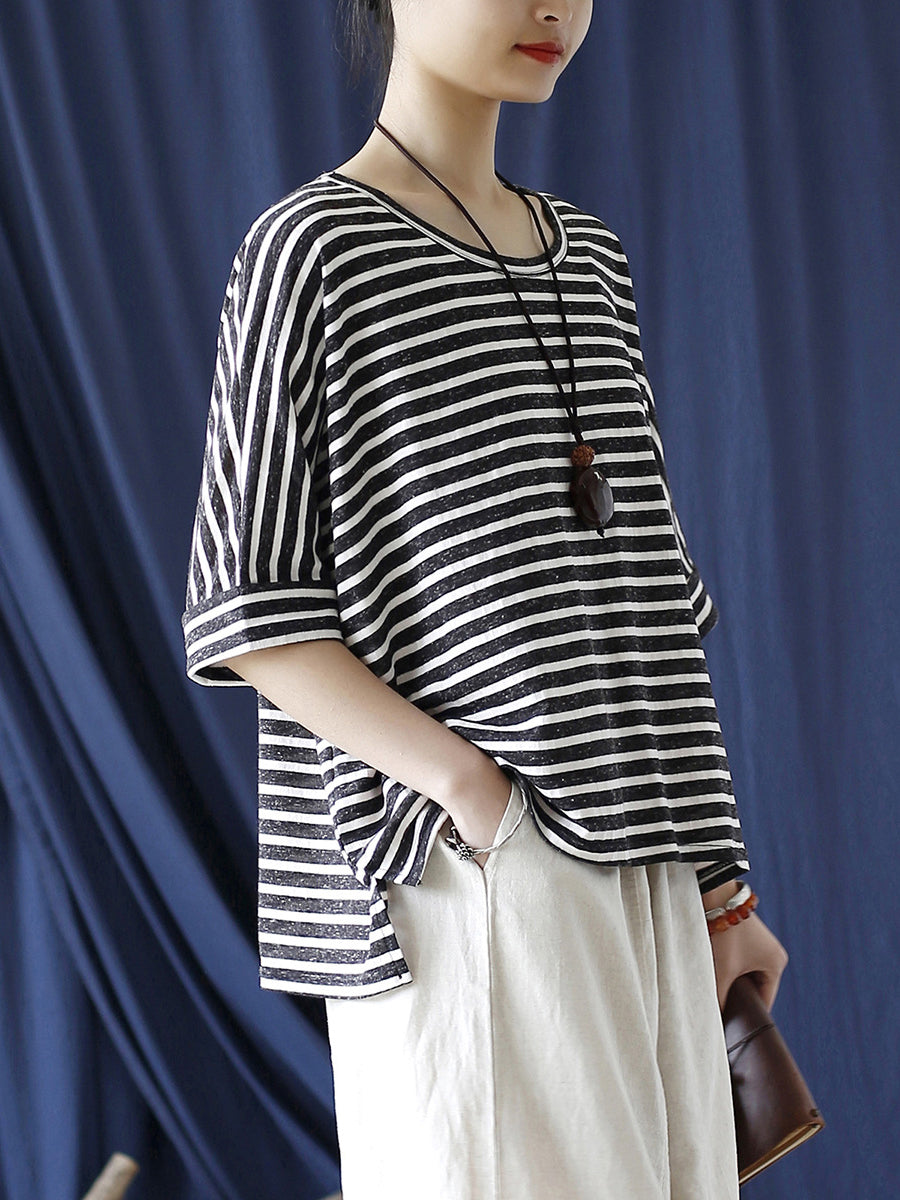 Women Summer Casual Stripe Loose O-Neck T-Shirt