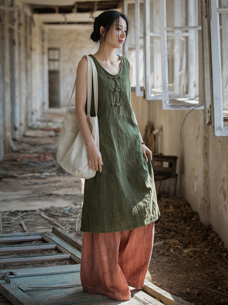 Women Summer Vintage Pure Color Linen Frog Button Vest Dress