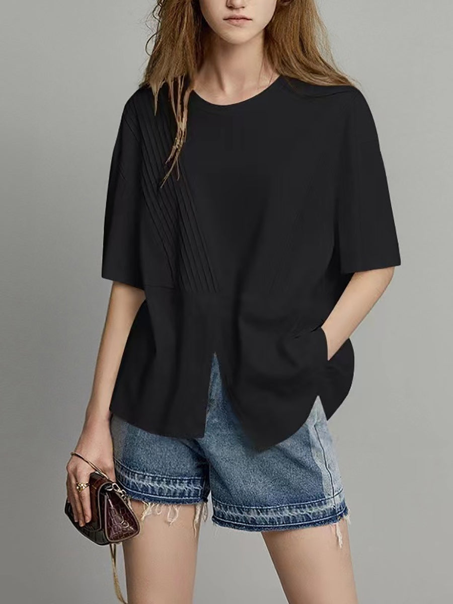 Plus Size Women Summer Casual Split Hem Pleat Spliced Solid T-Shirt