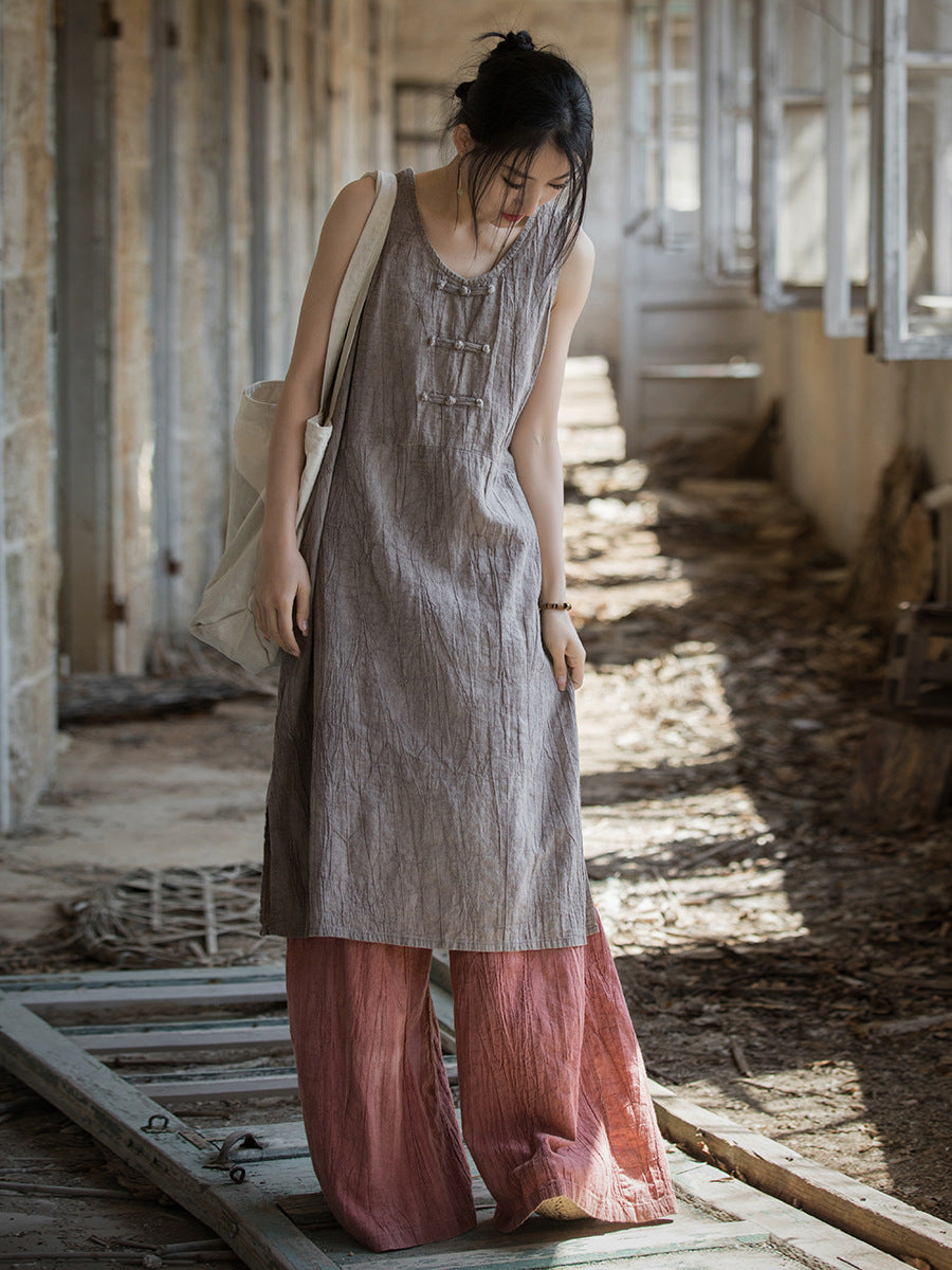 Women Summer Vintage Pure Color Linen Frog Button Vest Dress