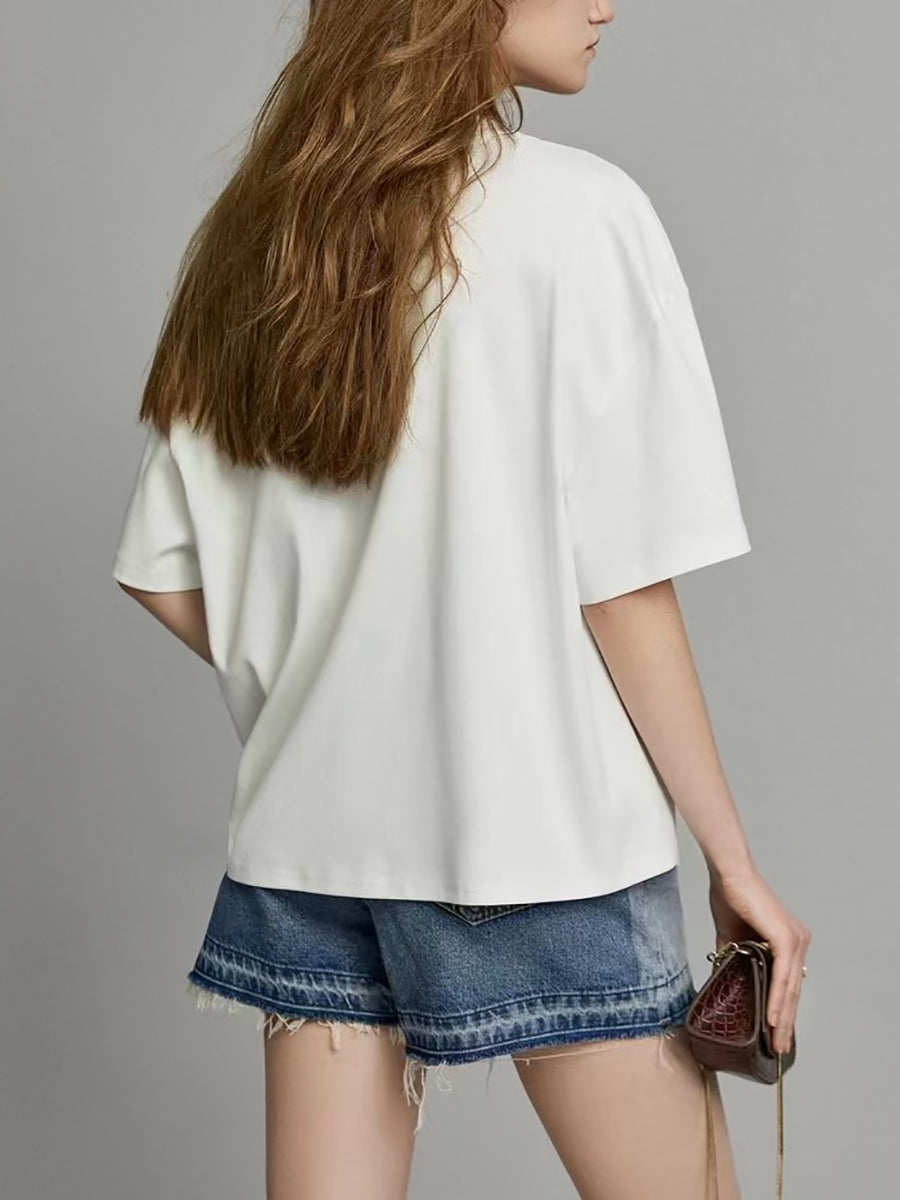 Plus Size Women Summer Casual Split Hem Pleat Spliced Solid T-Shirt