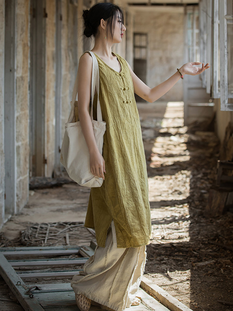 Women Summer Vintage Pure Color Linen Frog Button Vest Dress