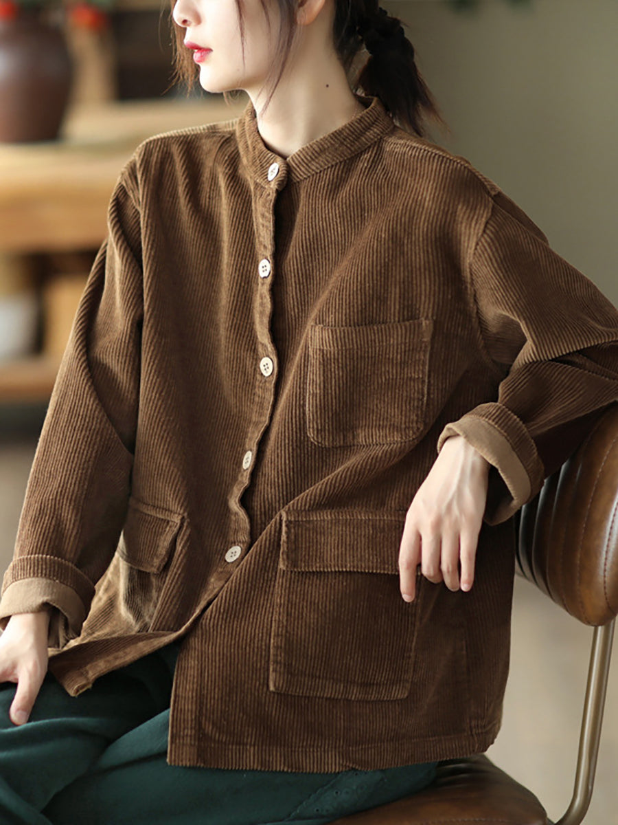 Plus Size Women Solid Vintage Cotton Corduroy Coat