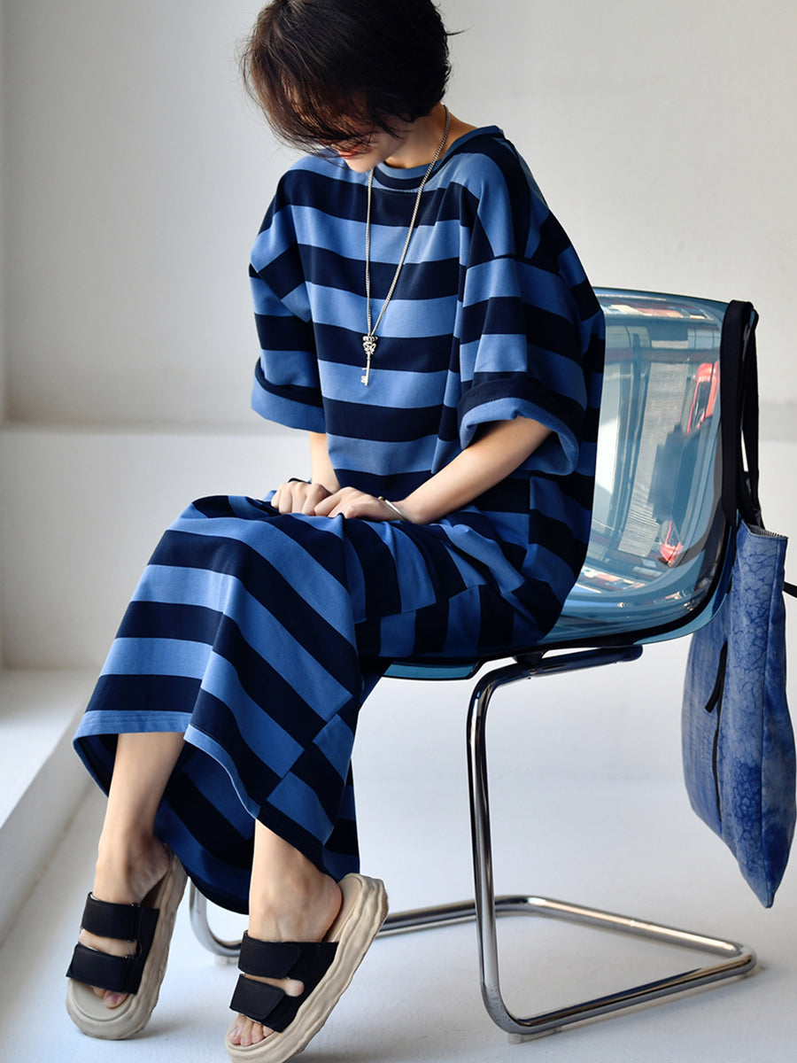 Plus Size Women Casual Stripe Loose Midi Dress