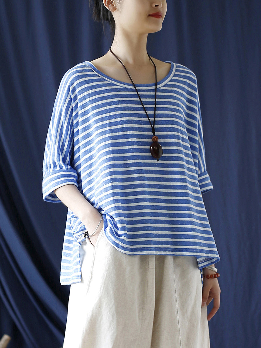 Women Summer Casual Stripe Loose O-Neck T-Shirt