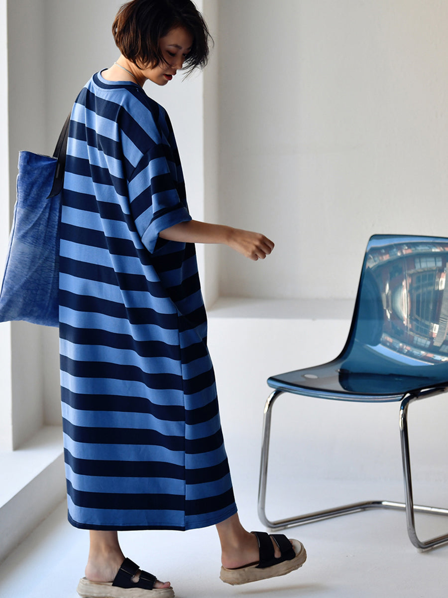 Plus Size Women Casual Stripe Loose Midi Dress