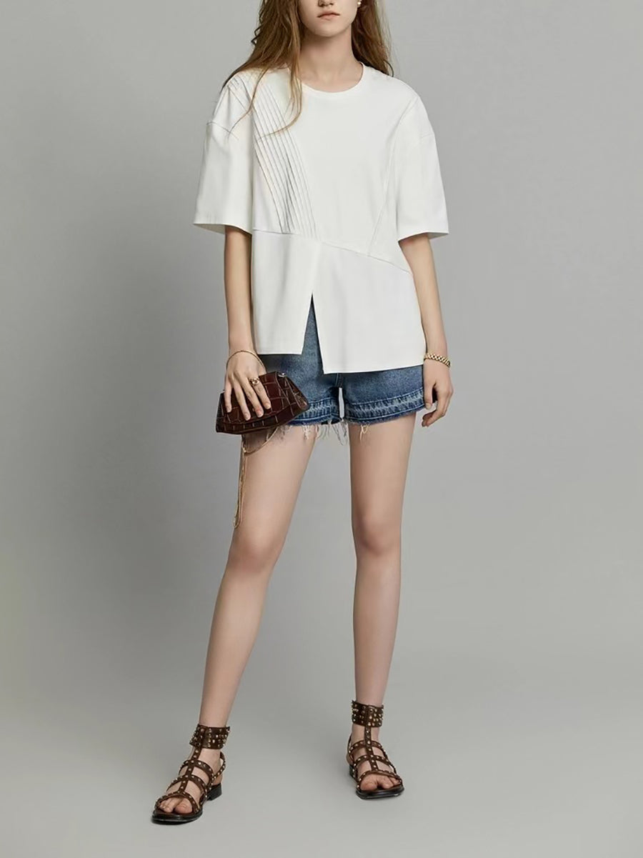 Plus Size Women Summer Casual Split Hem Pleat Spliced Solid T-Shirt