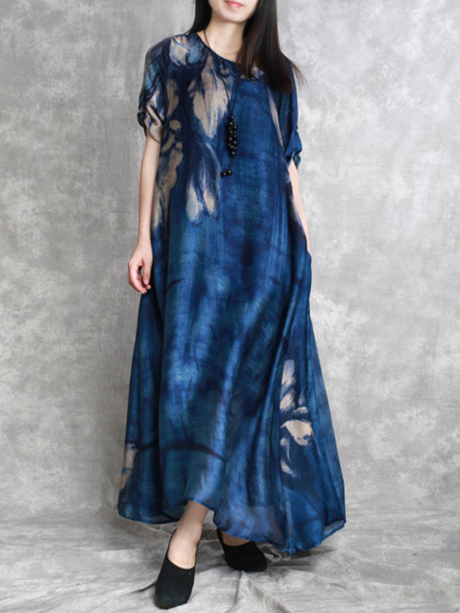Plus Size Women Summer Abstract Ink Print Loose Maxi Dress