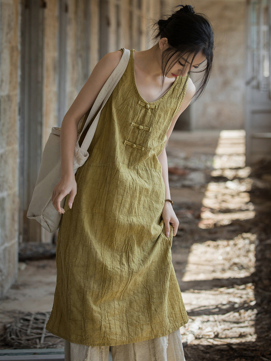 Women Summer Vintage Pure Color Linen Frog Button Vest Dress