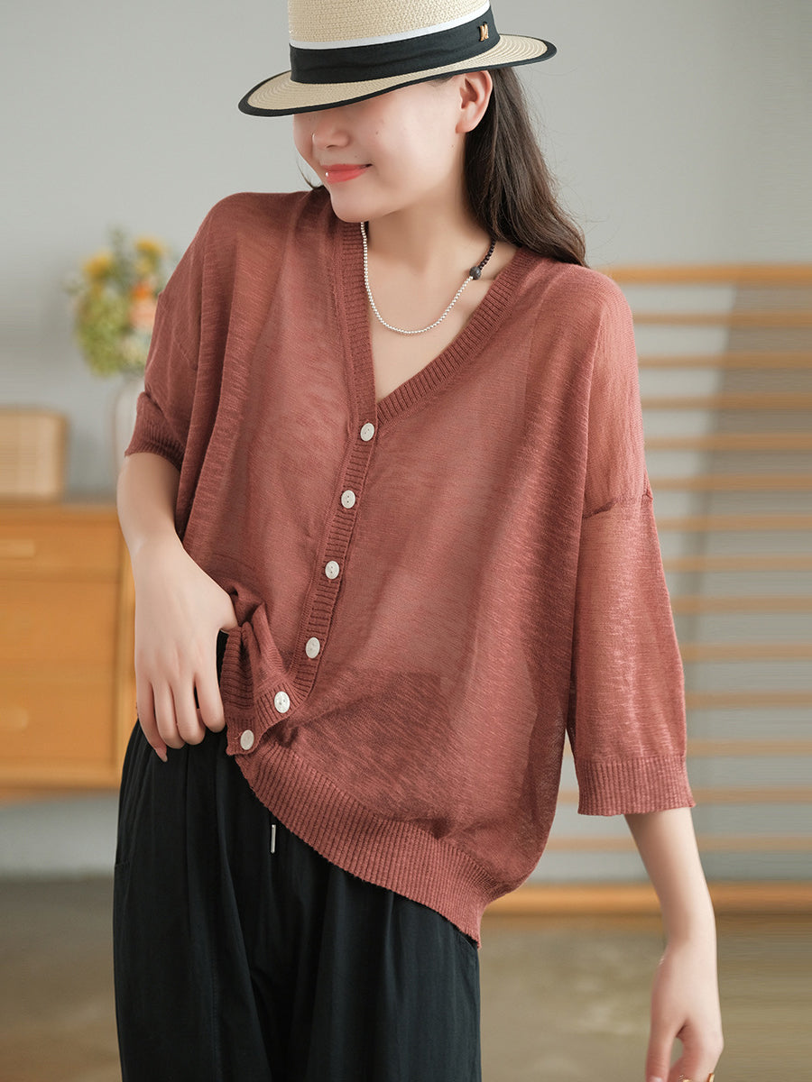 Plus Size Women Summer V-Neck Casual Loose Knit T-Shirt