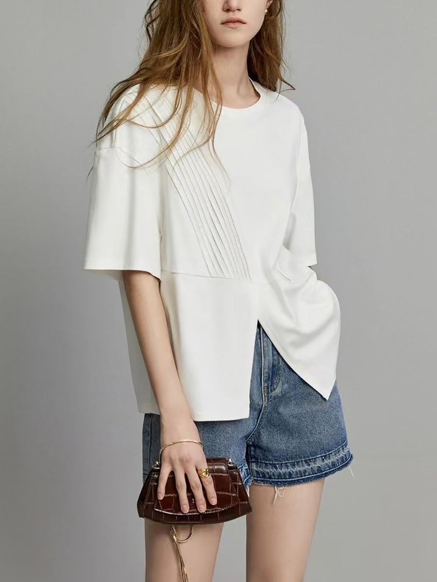 Plus Size Women Summer Casual Split Hem Pleat Spliced Solid T-Shirt