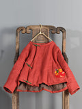 Women Winter Retro Patch O-Neck Ramie Padded Coat