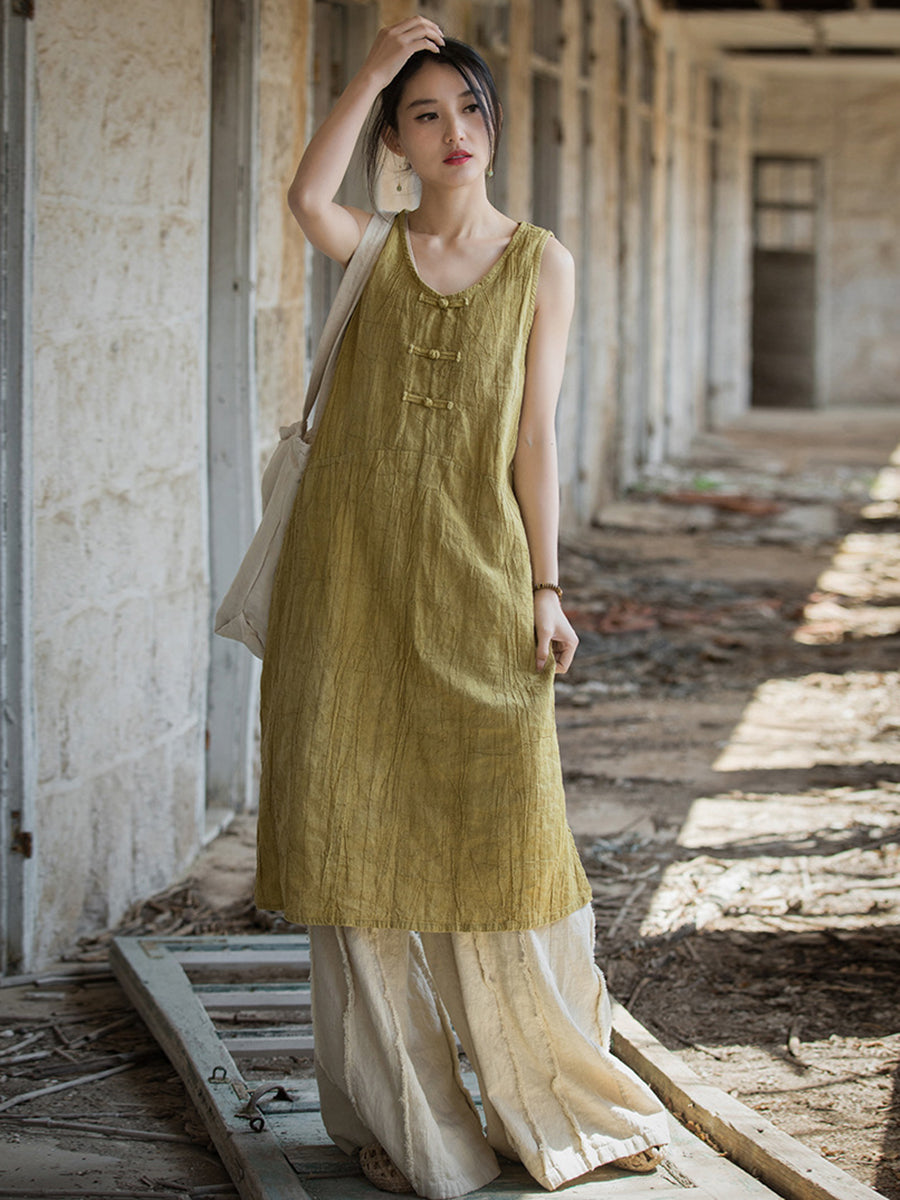 Women Summer Vintage Pure Color Linen Frog Button Vest Dress