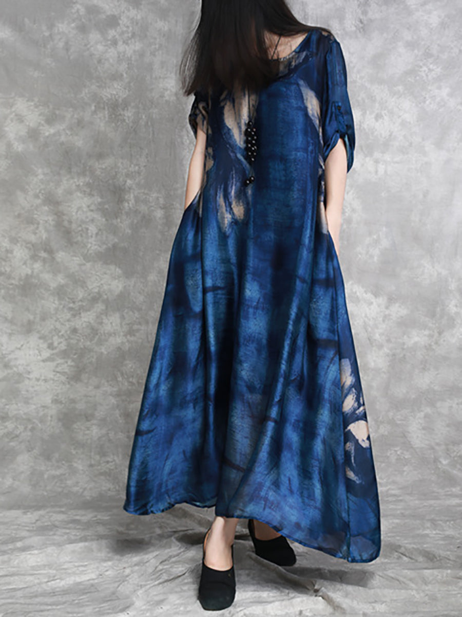 Plus Size Women Summer Abstract Ink Print Loose Maxi Dress