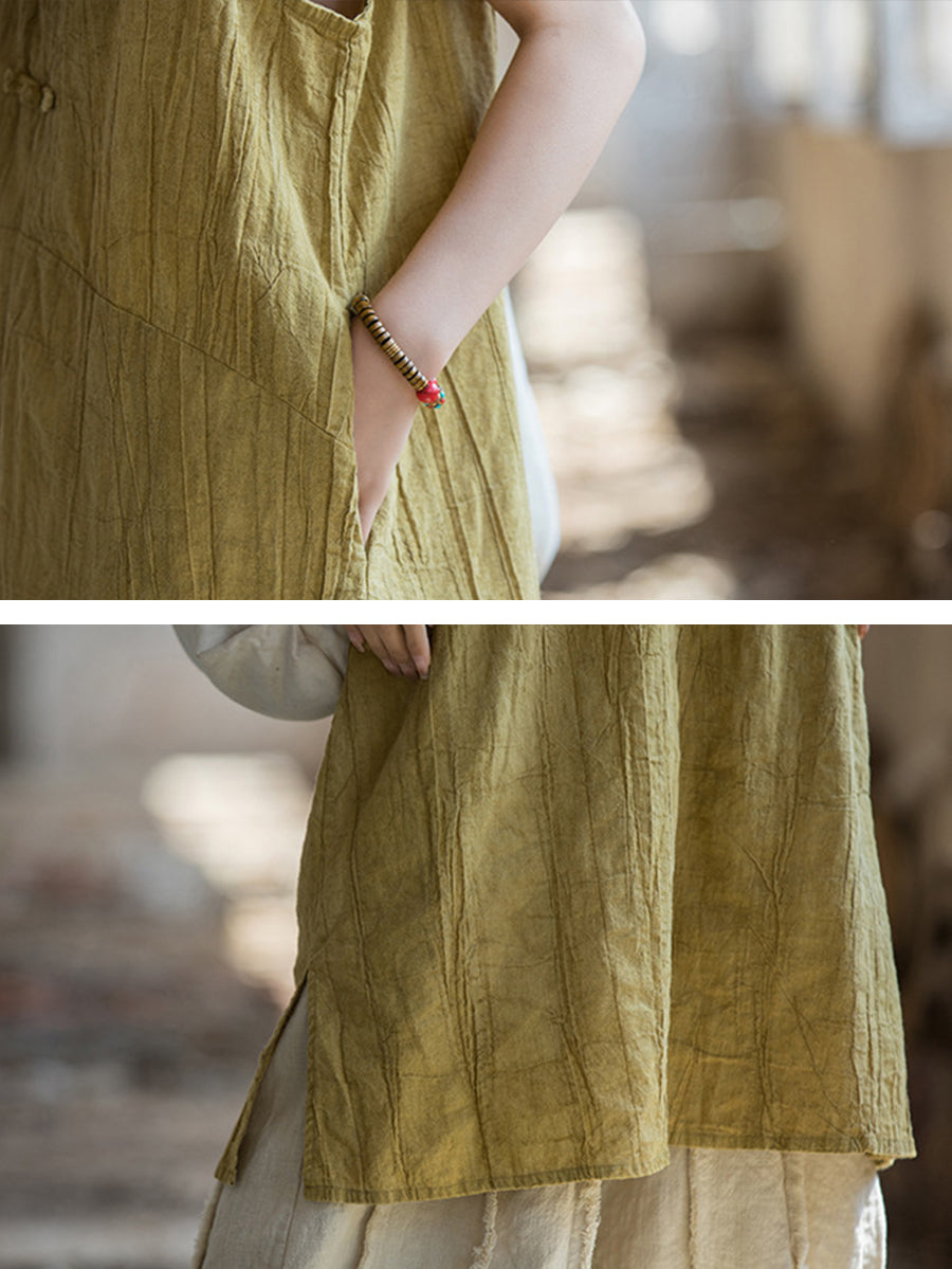 Women Summer Vintage Pure Color Linen Frog Button Vest Dress