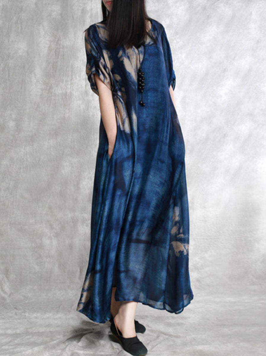 Plus Size Women Summer Abstract Ink Print Loose Maxi Dress