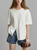 Plus Size Women Summer Casual Split Hem Pleat Spliced Solid T-Shirt