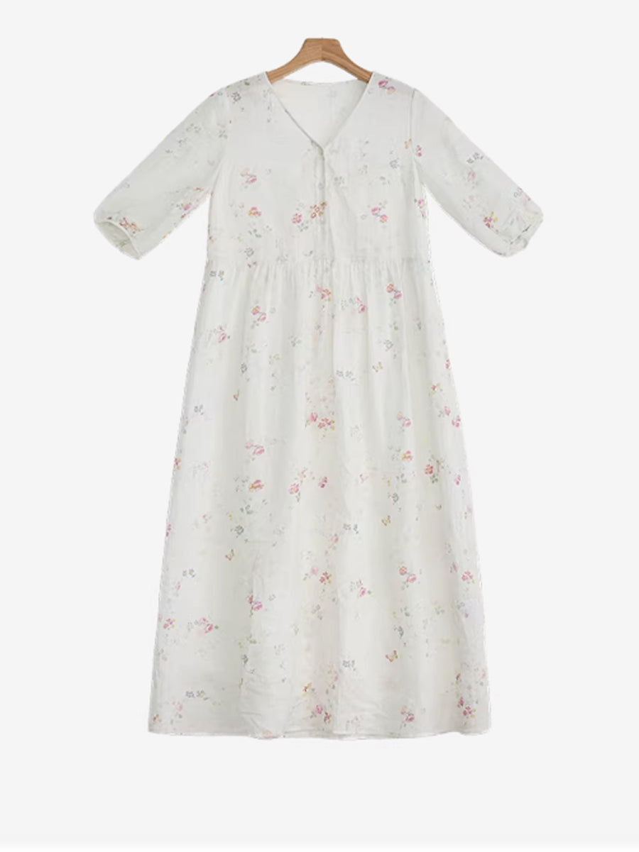 Plus Size Women Summer Artsy Floral Ramie V-Neck Dress