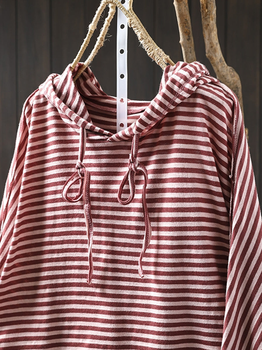 Plus Size Women Autumn Artsy Stripe Cotton Hooded Hoodie