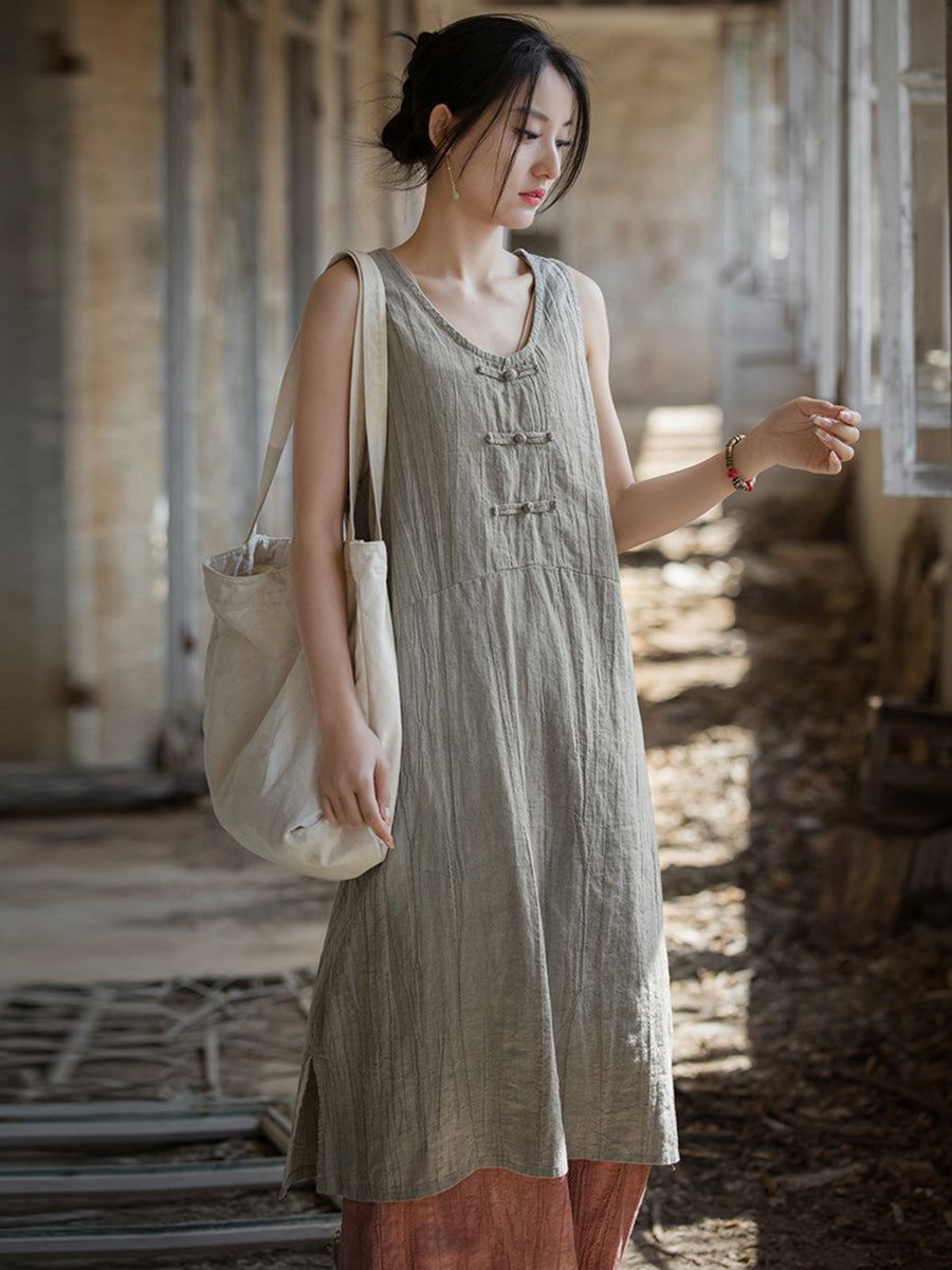 Women Summer Vintage Pure Color Linen Frog Button Vest Dress