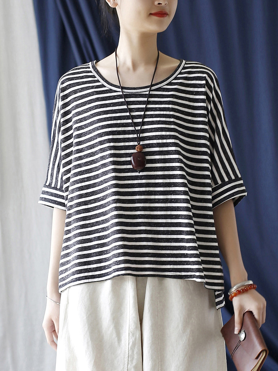 Women Summer Casual Stripe Loose O-Neck T-Shirt
