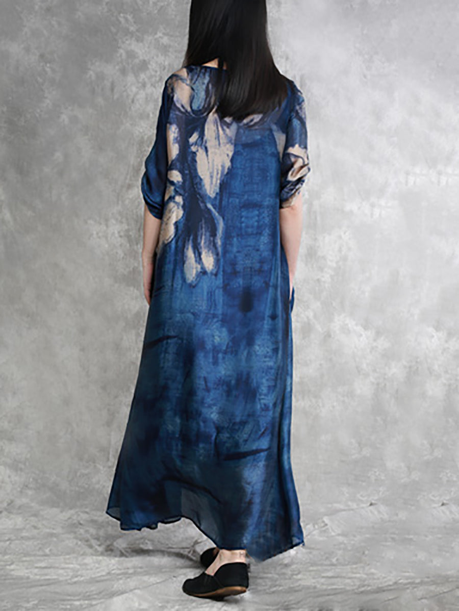 Plus Size Women Summer Abstract Ink Print Loose Maxi Dress