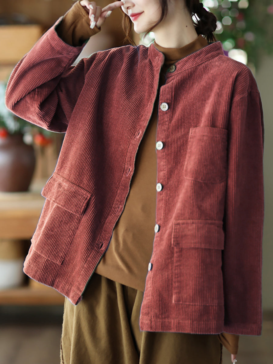 Plus Size Women Solid Vintage Cotton Corduroy Coat
