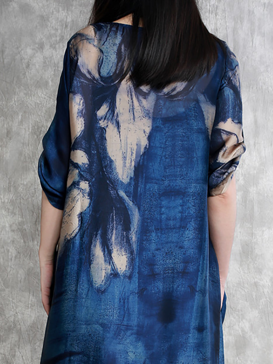 Plus Size Women Summer Abstract Ink Print Loose Maxi Dress