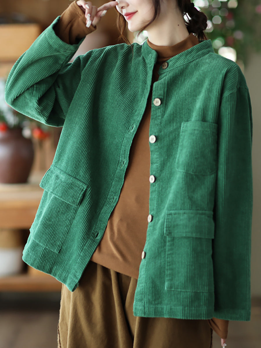 Plus Size Women Solid Vintage Cotton Corduroy Coat