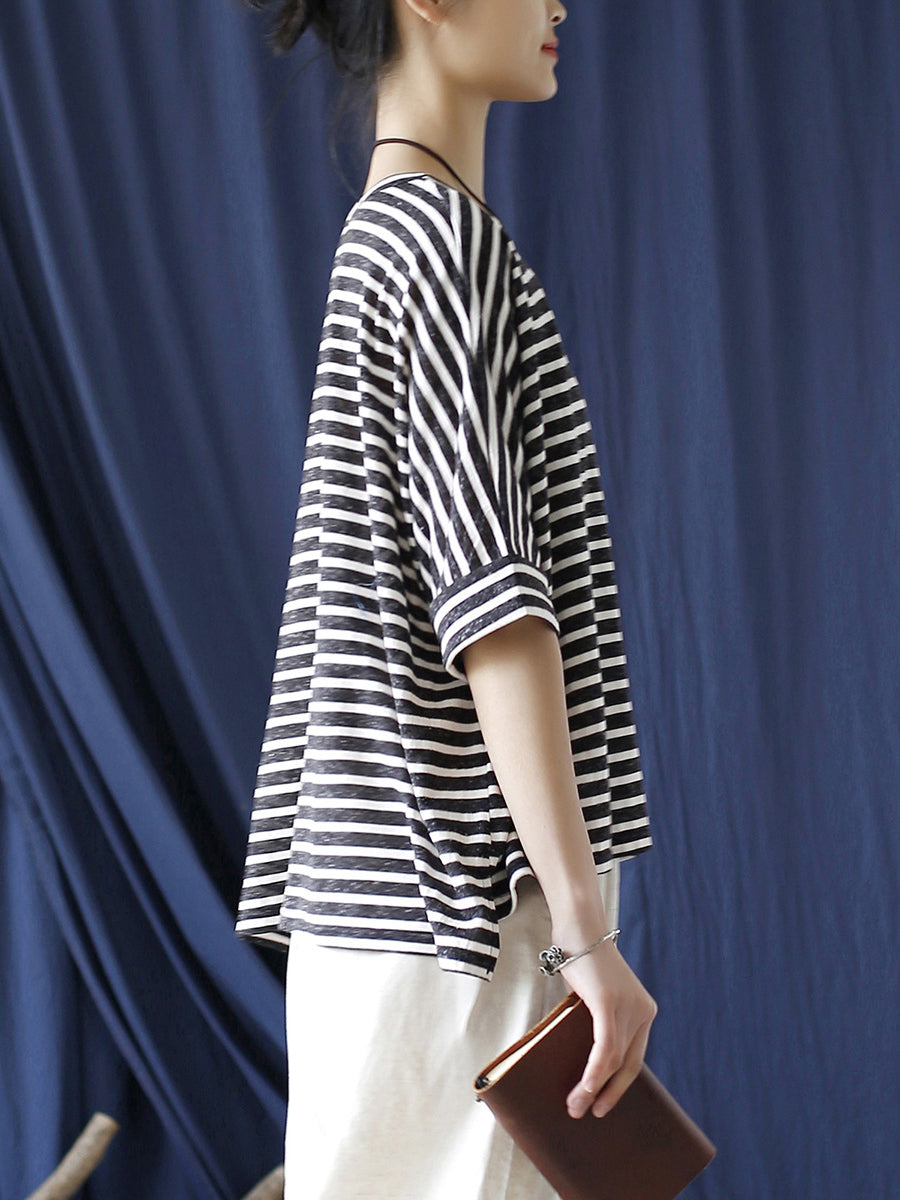 Women Summer Casual Stripe Loose O-Neck T-Shirt