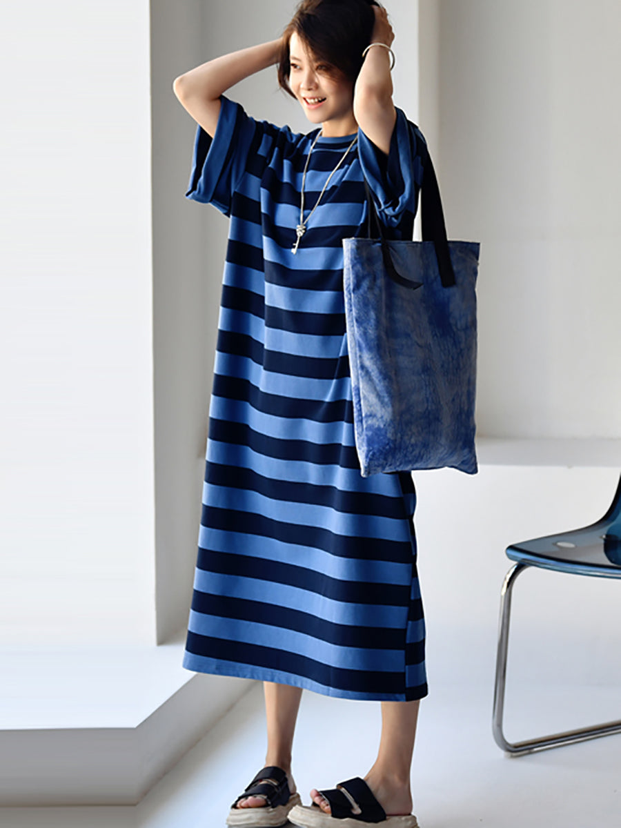 Plus Size Women Casual Stripe Loose Midi Dress