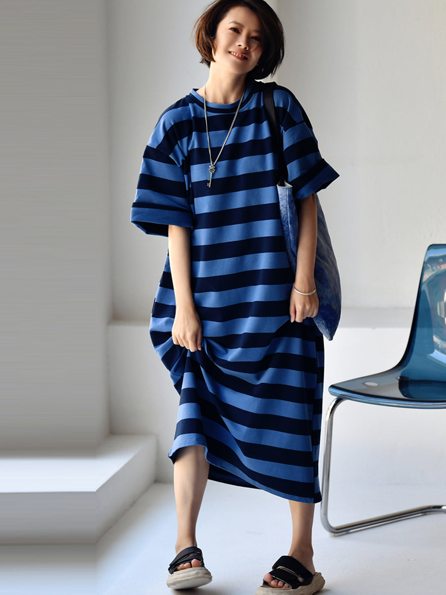 Plus Size Women Casual Stripe Loose Midi Dress
