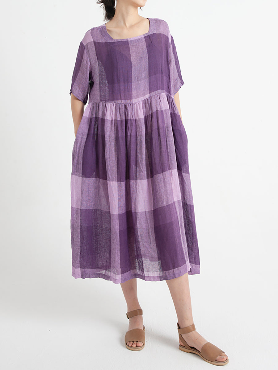 Plus Size Linen Casual Summer Short Sleeve Loose Pleated Plaid Dress