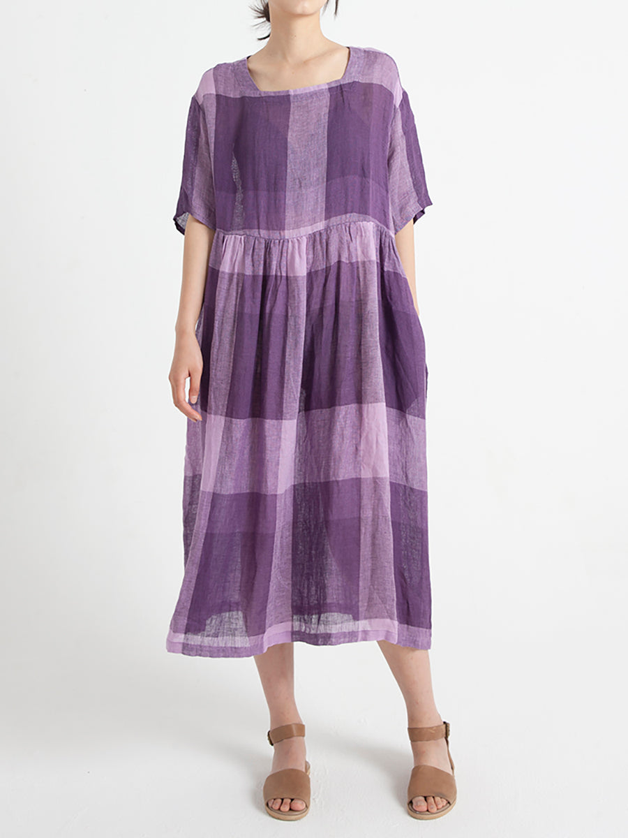 Plus Size Linen Casual Summer Short Sleeve Loose Pleated Plaid Dress