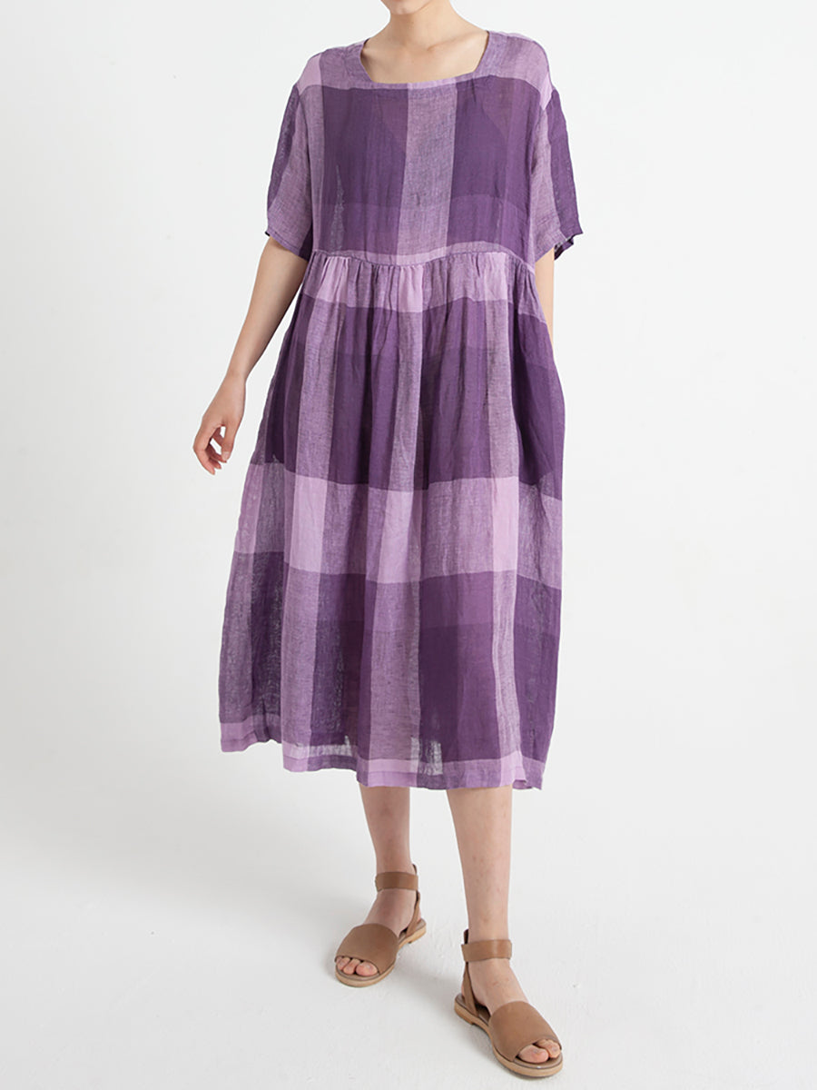 Plus Size Linen Casual Summer Short Sleeve Loose Pleated Plaid Dress