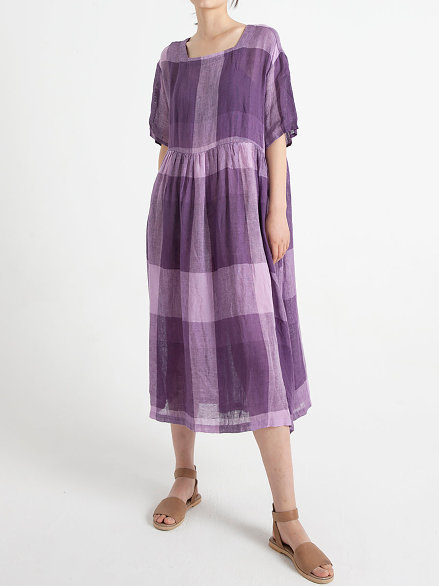 Plus Size Linen Casual Summer Short Sleeve Loose Pleated Plaid Dress