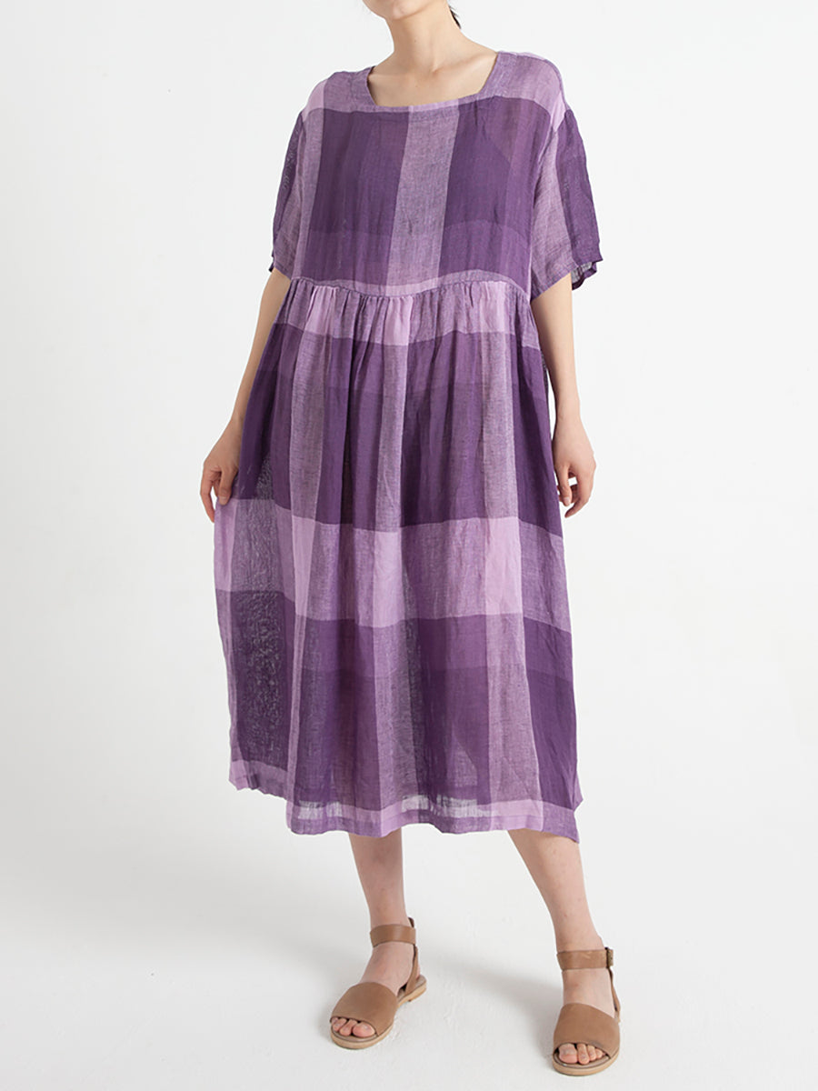 Plus Size Linen Casual Summer Short Sleeve Loose Pleated Plaid Dress