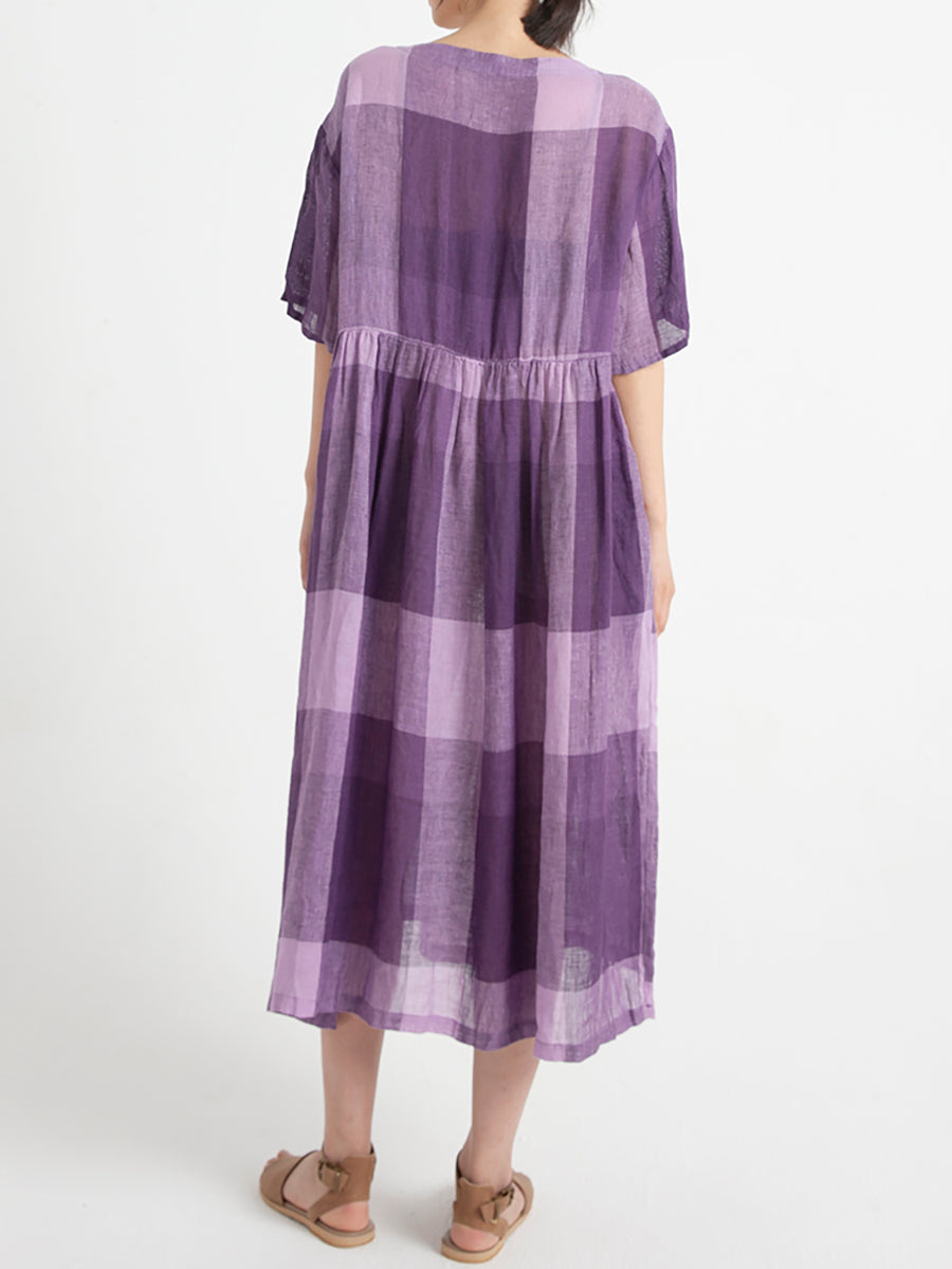 Plus Size Linen Casual Summer Short Sleeve Loose Pleated Plaid Dress