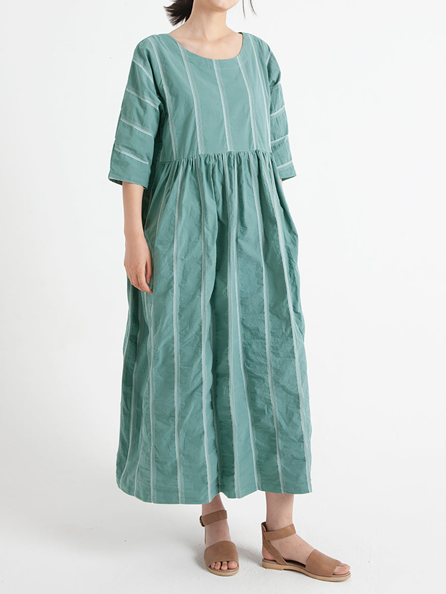 Plus Size Cotton Casual Summer Three-Quarter Sleeve Loose Pleated Dress