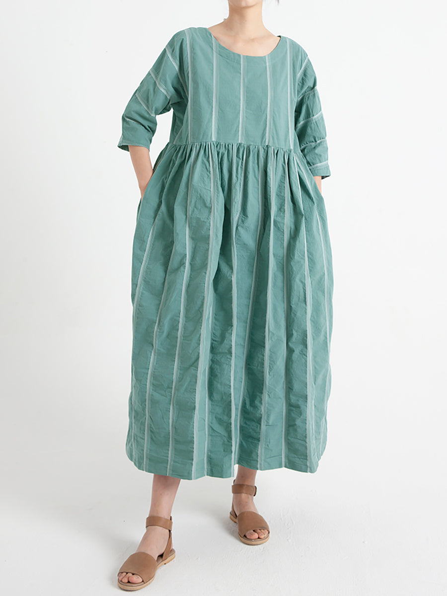 Plus Size Cotton Casual Summer Three-Quarter Sleeve Loose Pleated Dress