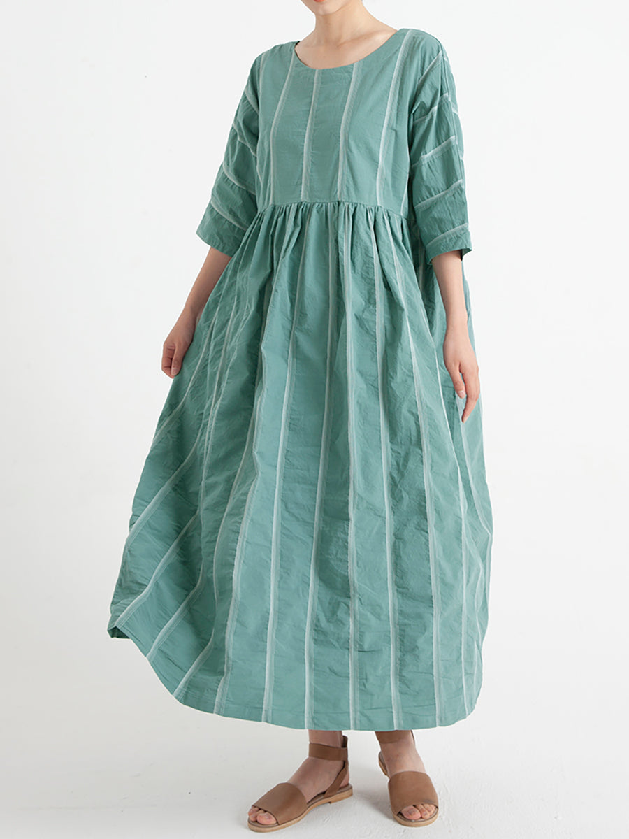 Plus Size Cotton Casual Summer Three-Quarter Sleeve Loose Pleated Dress