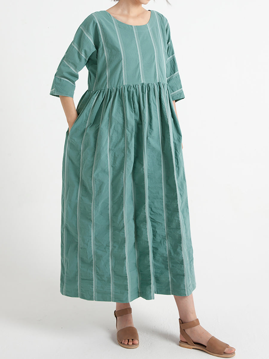 Plus Size Cotton Casual Summer Three-Quarter Sleeve Loose Pleated Dress