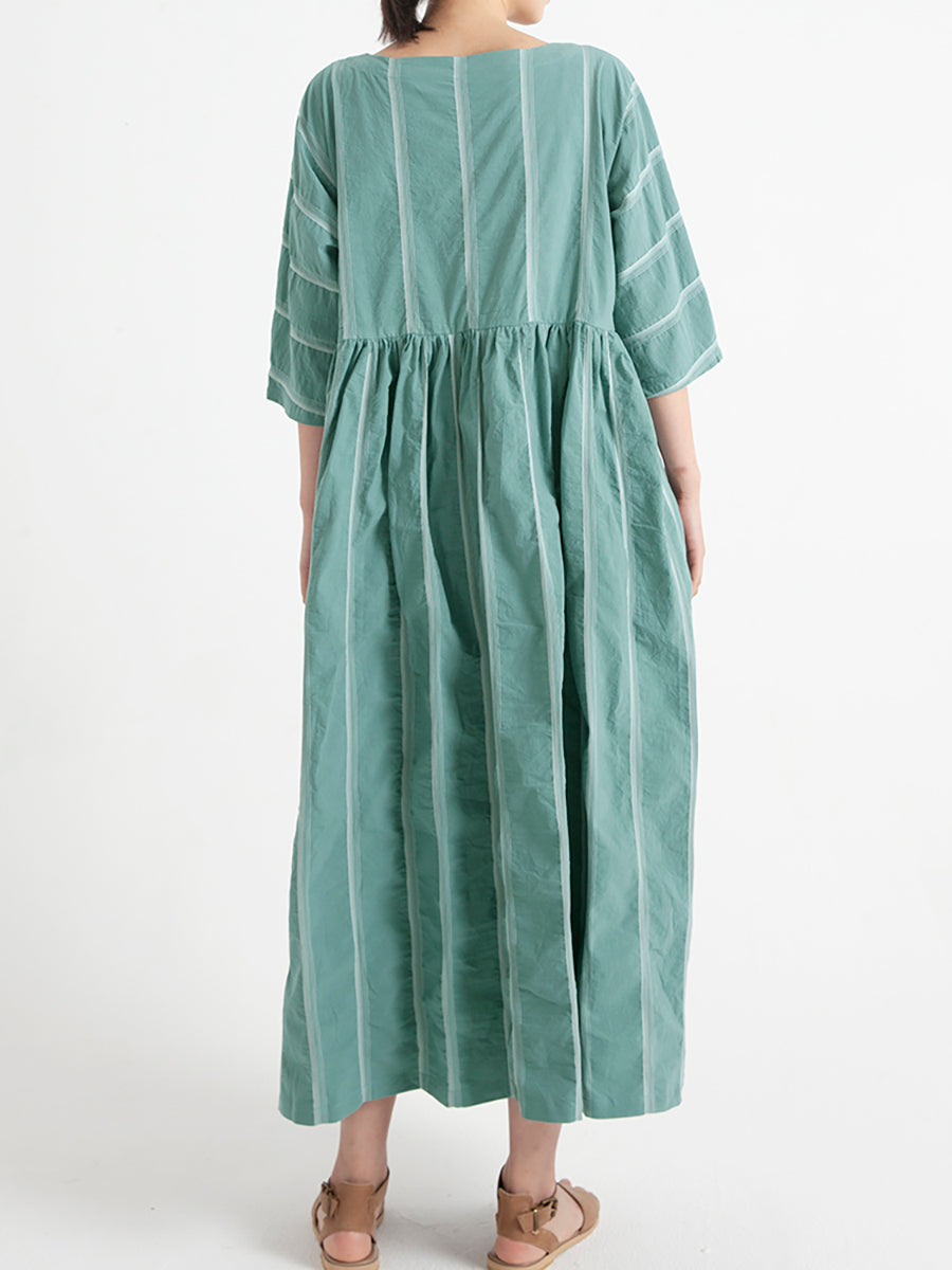 Plus Size Cotton Casual Summer Three-Quarter Sleeve Loose Pleated Dress
